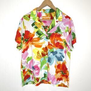 Jams World Honolulu Floral Print Button Up Tip Womens Large Short Sleeve
